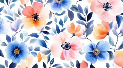 Watercolor floral print in pastel colors of blue, pink, yellow, green on a light background.