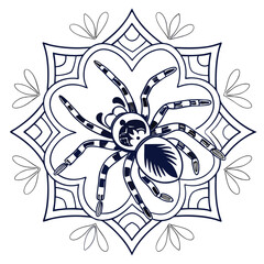 Spider Mandala Art: Intricate Line Drawing of a Tarantula in a Geometric Floral Pattern, Detailed Vector Illustration for Coloring Pages