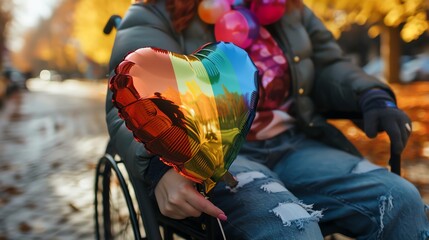 A person in a wheelchair holds a rainbow heart balloon.
