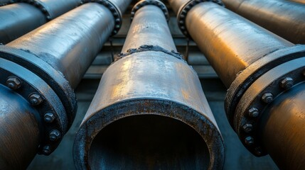 Close-up of industrial metal pipes in a row with bolted connections