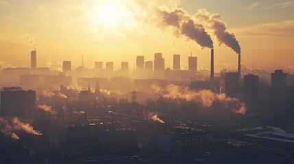 City skyline in a hazy smog with industrial chimneys releasing smoke, muted tones and sunlight barely visible,