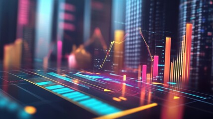 A detailed illustration of a cityscape featuring a chart and a bar chart, highlighting urban data analysis and statistical trends.
