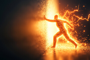 Naklejka premium A figure breaking through a barrier of light and energy, symbolizing transformation.