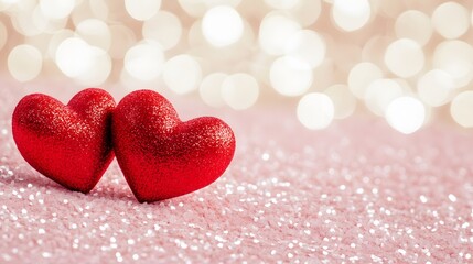Obraz premium Romantic Red Glitter Hearts on Pink Sparkle Background