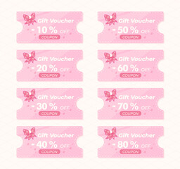 Pink discount coupon icons. 10% 20% 30% 40% 50% 60% discount coupon. Gift Voucher design with QR code. All layered and grouped. Vector.