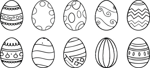 Black and white Easter eggs set. Spring linear egg icon collection with different motifs. Doodle style Easter illustration pack for banner, poster, card, invitation, print, sticker