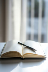 Open Notebook Black Pen Blank Pages Writing Journal Office Table Daylight