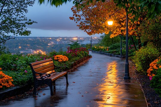 A bench in the park with orange leaves on it, a wet street and puddles of water after the rain, trees in autumn, a city landscape, street lamps, a blurred background, Generative AI