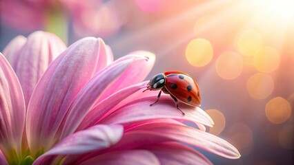 Obraz premium A ladybug gently rests upon delicate pink petals, bathed in the warm glow of a sunlit morning, a serene scene of nature's gentle beauty