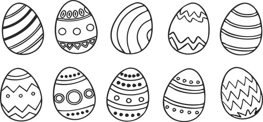 Black and white Easter eggs set. Spring linear egg icon collection with different motifs. Doodle style Easter illustration pack for banner, poster, card, invitation, print, sticker