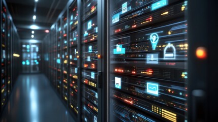 A server room filled with numerous servers, each illuminated by vibrant, glowing lights, showcasing advanced technological infrastructure.