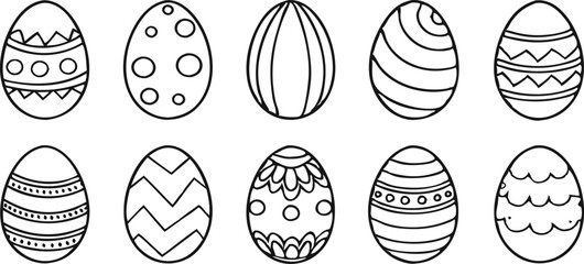Black and white Easter eggs set. Spring linear egg icon collection with different motifs. Doodle style Easter illustration pack for banner, poster, card, invitation, print, sticker