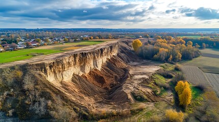 Aerial view of quarry with autumnal landscape