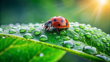 Fototapeta premium A ladybug delicately traverses a dew-kissed leaf, bathed in the soft glow of morning sunlight, a vibrant scene of nature's artistry