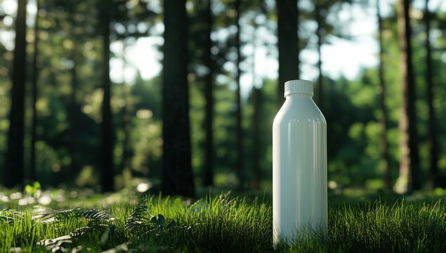 Eco-Friendly Elixir: A minimalist presentation of a sleek white bottle, harmoniously placed amidst a vibrant forest setting, symbolizing purity, sustainability, and a connection with nature.