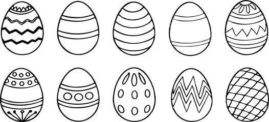 Black and white Easter eggs set. Spring linear egg icon collection with different motifs. Doodle style Easter illustration pack for banner, poster, card, invitation, print, sticker