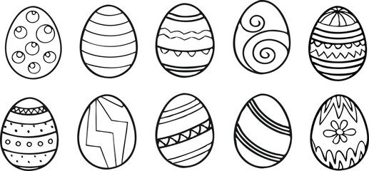 Black and white Easter eggs set. Spring linear egg icon collection with different motifs. Doodle style Easter illustration pack for banner, poster, card, invitation, print, sticker