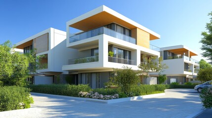 Modern residential buildings with glass balconies and greenery in urban setting