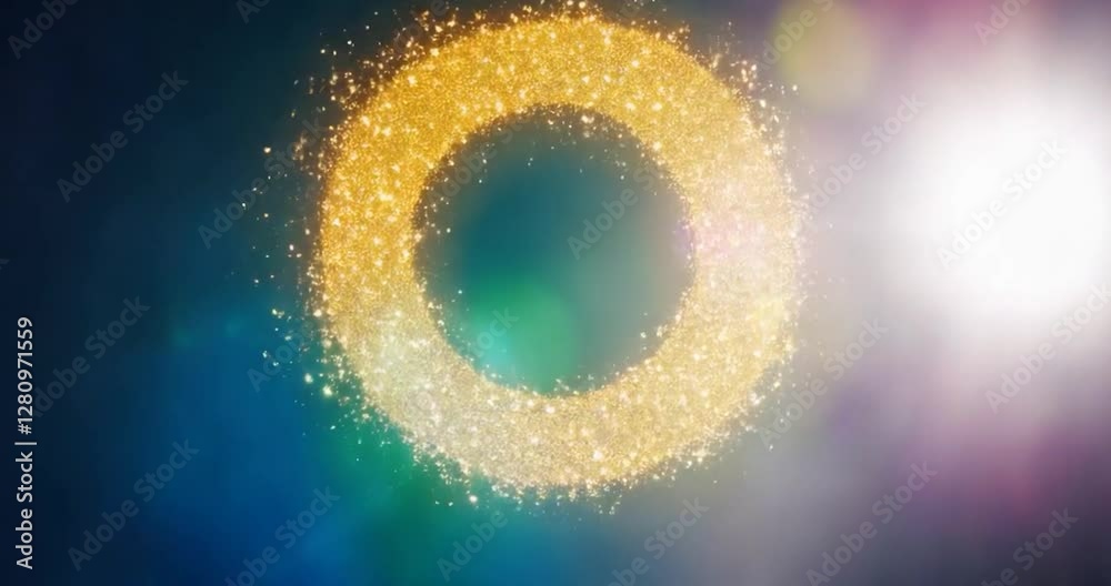Poster abstract graphic of a gold ring with glittering sparkles, a bright white light is in the background 