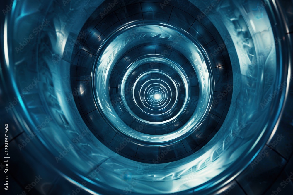 Wall mural abstract futuristic tunnel design with swirling patterns in shades of blue and silver, creating a hy