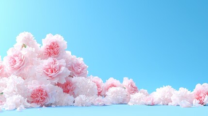 Pink peonies on blue background; spring floral arrangement; website banner