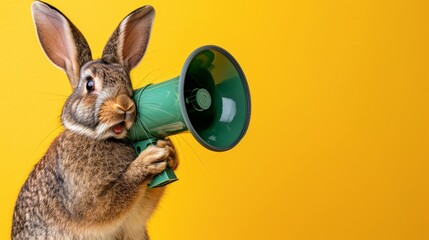 Cute bunny rabbit with green megaphone on bright yellow background for announcement promotion