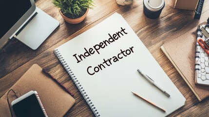 Independent contractor workspace with notebook, laptop, pen, and plant on wooden desk