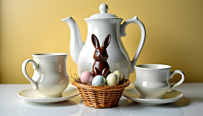 Easter decoration with chocolate bunny and colored eggs in a basket, tea set in the background