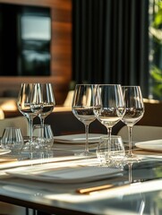 Close-up of a table set with wine glasses, plates, and utensils for an elegant meal in a restaurant or banquet hall.