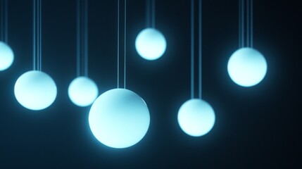 Glowing spheres hanging in dark space with soft blue light ambience