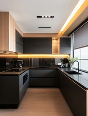 A modern kitchen features the elegant design with minimalistic aesthetics