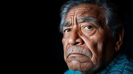 Close-up portrait of a pensive senior man, his weathered face etched with the passage of time. Deep shadows and moody lighting enhance his expressive features.