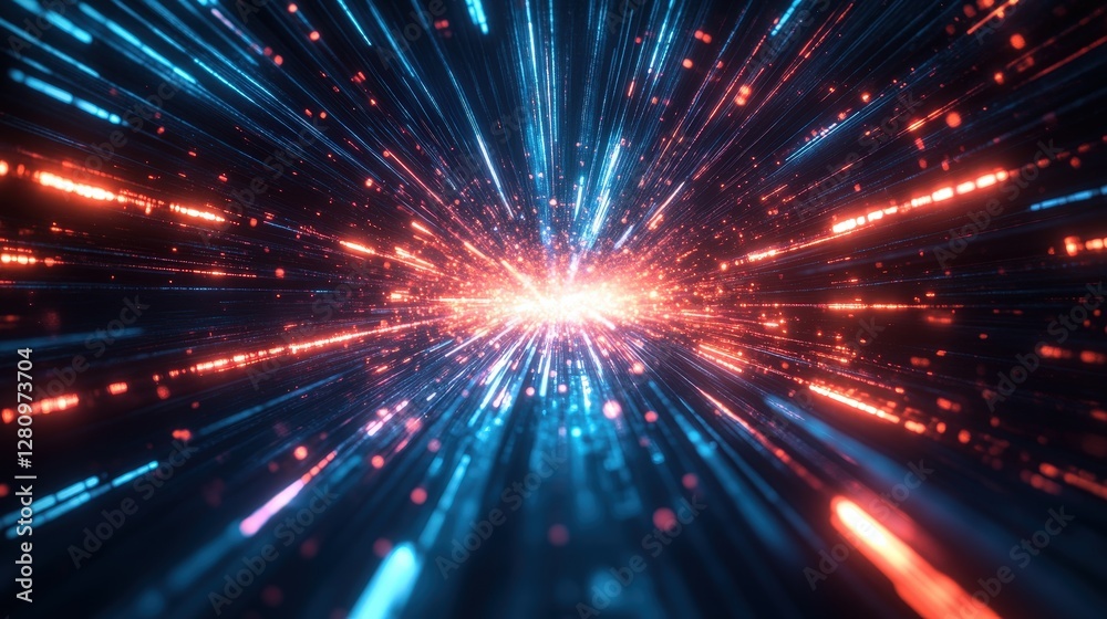 Wall mural vibrant abstract burst of light with dynamic particle flow in blue and orange colors for futuristic 