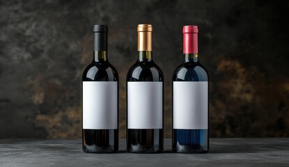 Fototapeta premium Wine Trio: Captivating trio of elegant wine bottles against a textured, dramatic backdrop, the bottles exude sophistication and promise of a delightful tasting experience.