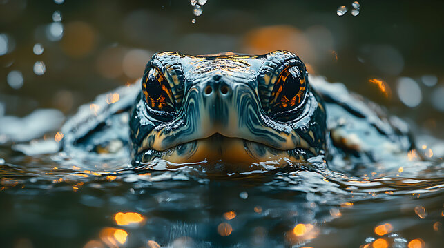 Aquatic Turtle Emerges From Water Surface