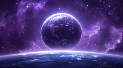 Obraz premium A stunning visualization of a purple and blue planet surrounded by a cosmic backdrop of stars and nebulas, showcasing the beauty of the universe.