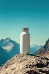 Hydration at High Altitude: A sleek water bottle rests atop a rugged rock, against the backdrop of majestic mountains and a clear blue sky, evoking a sense of adventure and well-being.