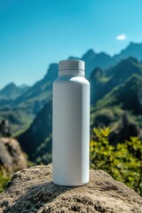 Thirst Quencher on a Summit: A sleek water bottle perches atop a rugged rock formation, with a stunning backdrop of majestic mountains and a vast blue sky.