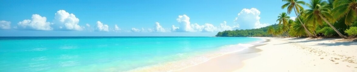 Fototapeta premium Sun-drenched empty beach, turquoise sea, flawless sky, idyllic, horizon, sunshine