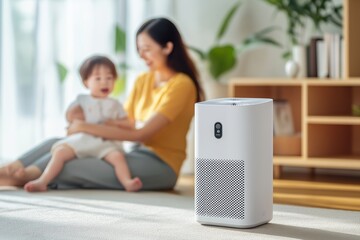 A mother plays with her child in a cozy living room, an air purifier in focus.