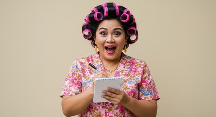 Surprised Asian Woman in Pink Floral Dress Writing in Notepad with Hair Rollers