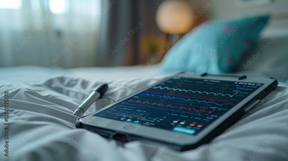 Aufkleber a tablet displaying digital therapy analytics sits on a bed, indicating the use of mindfulness and m