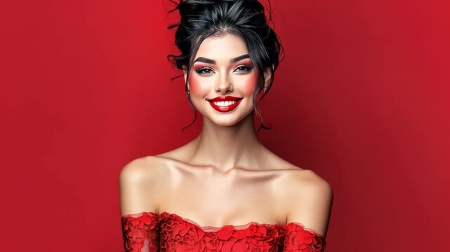 Radiant Beauty: A stunning woman, exuding confidence and elegance, dons a vibrant red dress and a captivating smile, making a bold statement against a matching backdrop.