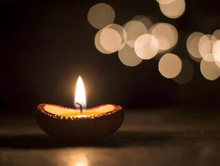 Burning Candle in Darkness with Bokeh Lights Background