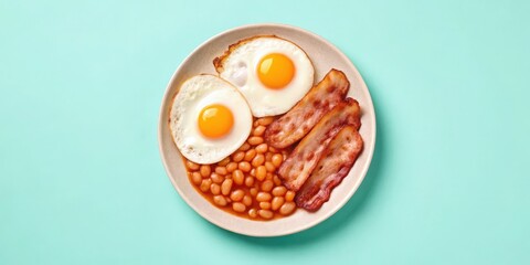 entertainment food pastel concept. Classic breakfast plate with eggs, bacon, and baked beans on a pastel background.