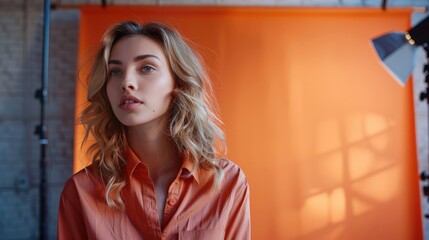 Obraz premium Portrait of a Young Woman with Wavy Hair in Studio Against an Orange Backdrop Highlighted by Natural Light