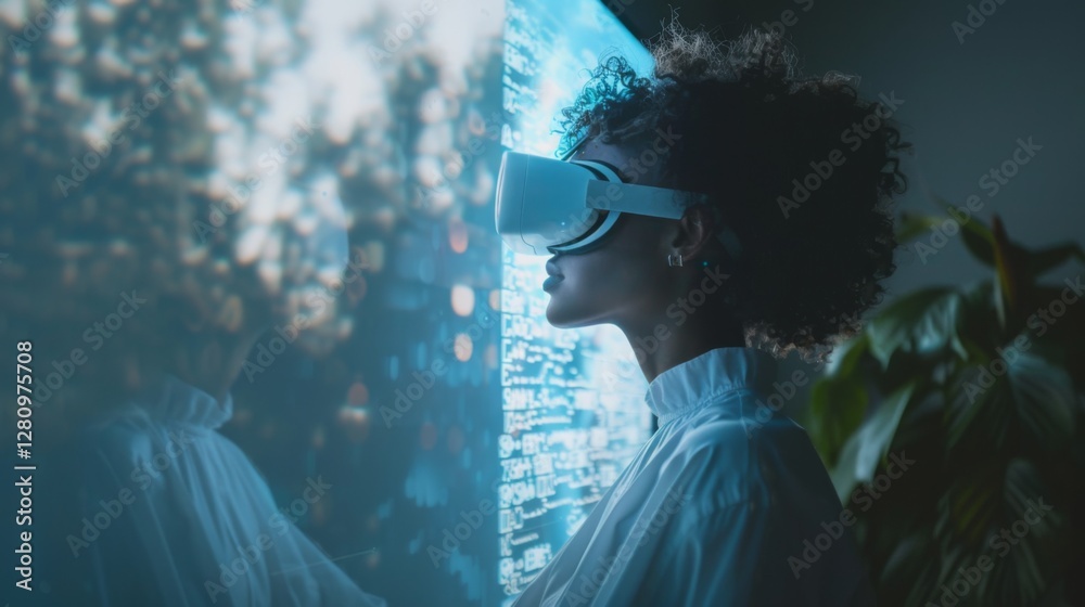 Aufkleber a person engages with virtual reality technology in a serene environment, experiencing digital thera