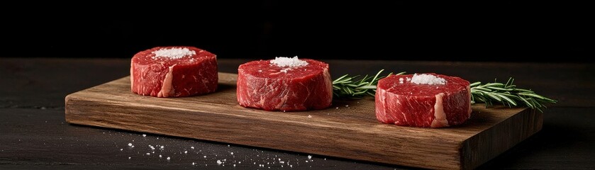 Fresh Raw Meat Cuts with Sea Salt and Rosemary on Wooden Board Isolated Against Dark Background for Cooking