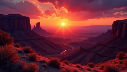 Crimson sun dips below distant mesas, casting long shadows, photo, sky