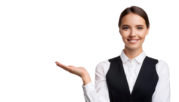Portrait of a happy waitress and food service woman, smiling, isolated on transparent background